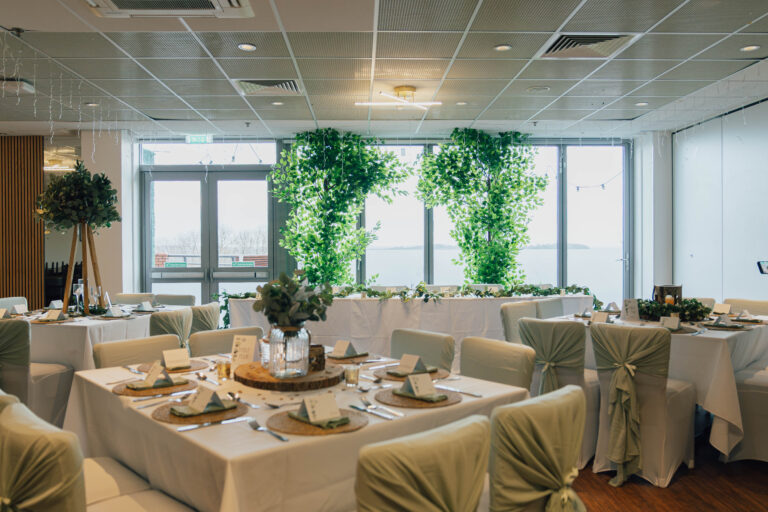 reception room decorated for wedding celebration