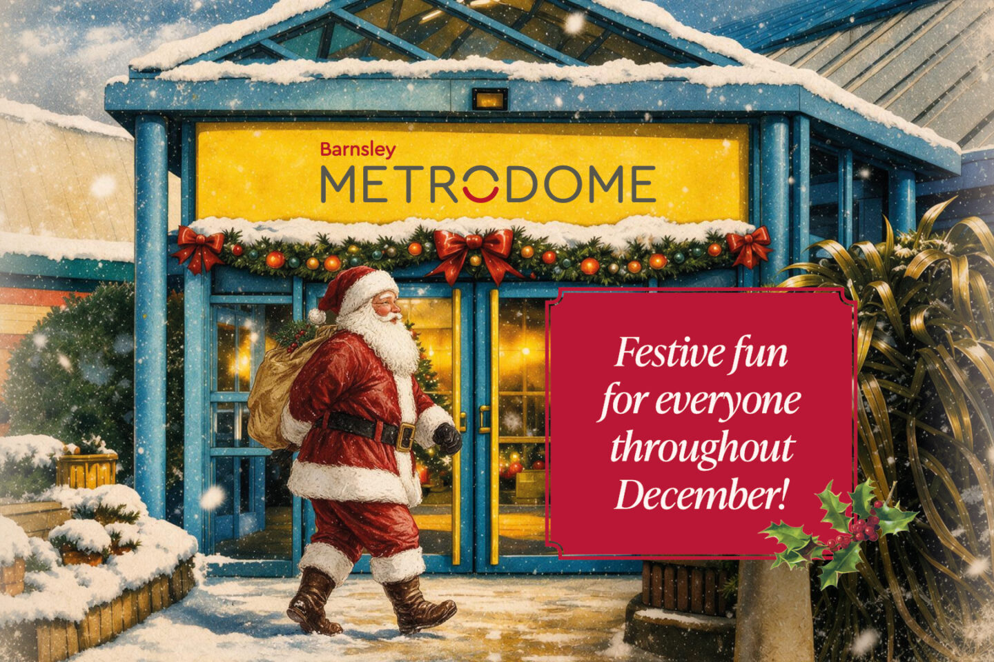 illustration of exterior of Metrodome with Santa